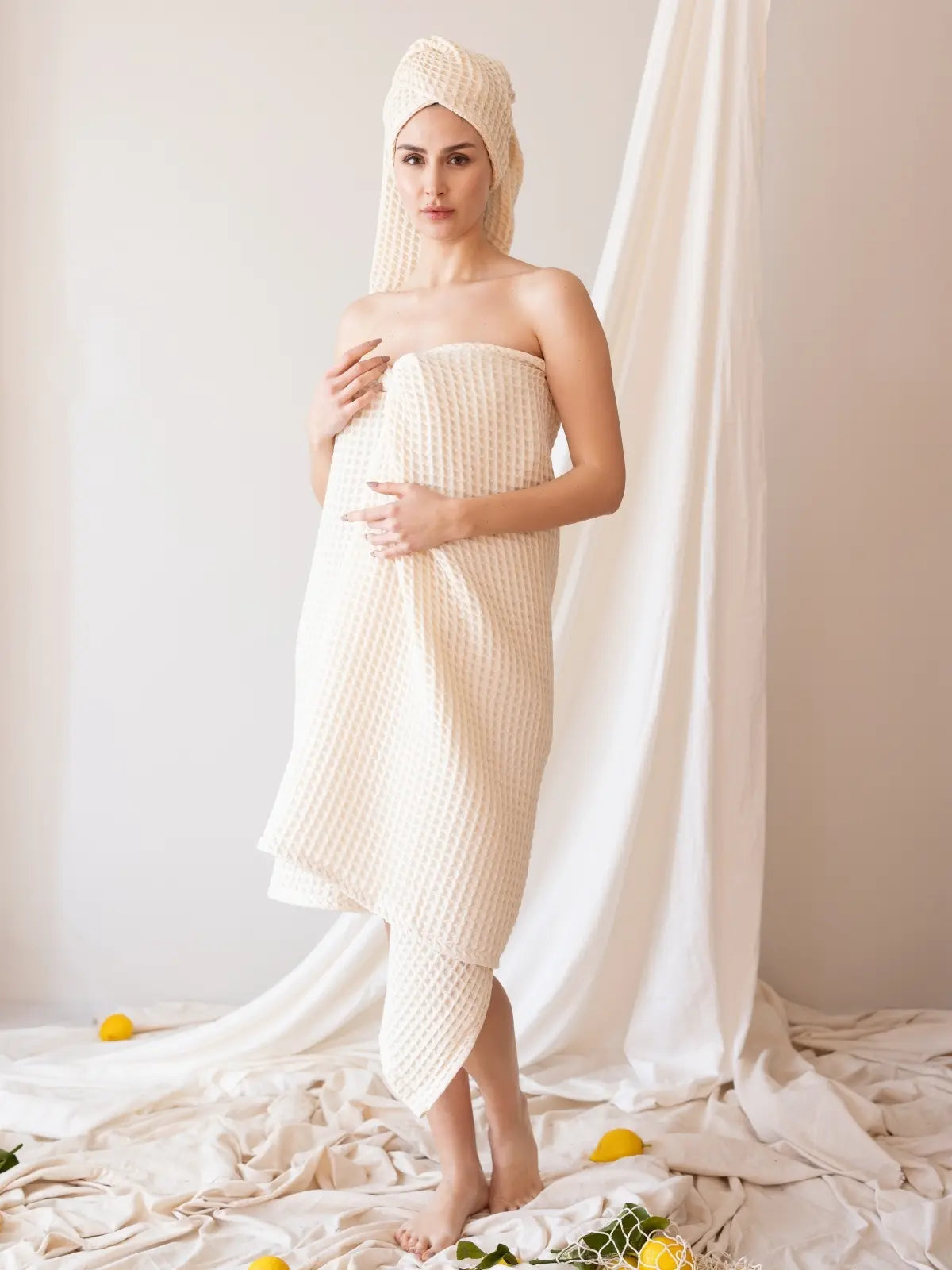 Natural waffle peket dokuma banyo havlusu seti genel görünüm