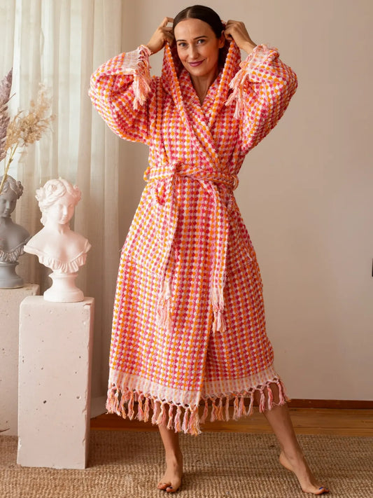 Pembe turuncu %100 pamuk nohut bubble havlu bornoz ön görünüm