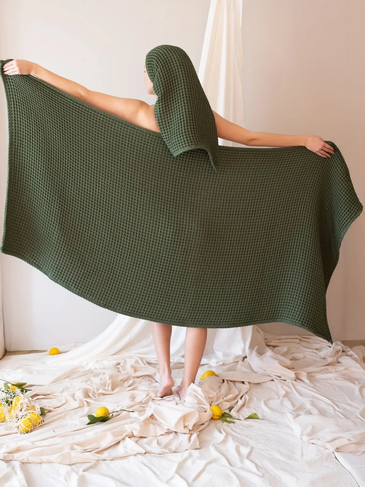 Koyu yeşil banyo havlusu 90x180 cm waffle dokuma