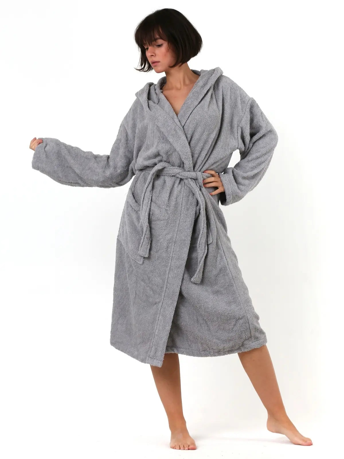 Antrasit gri %100 pamuk bukle havlu bornoz ön görünüm