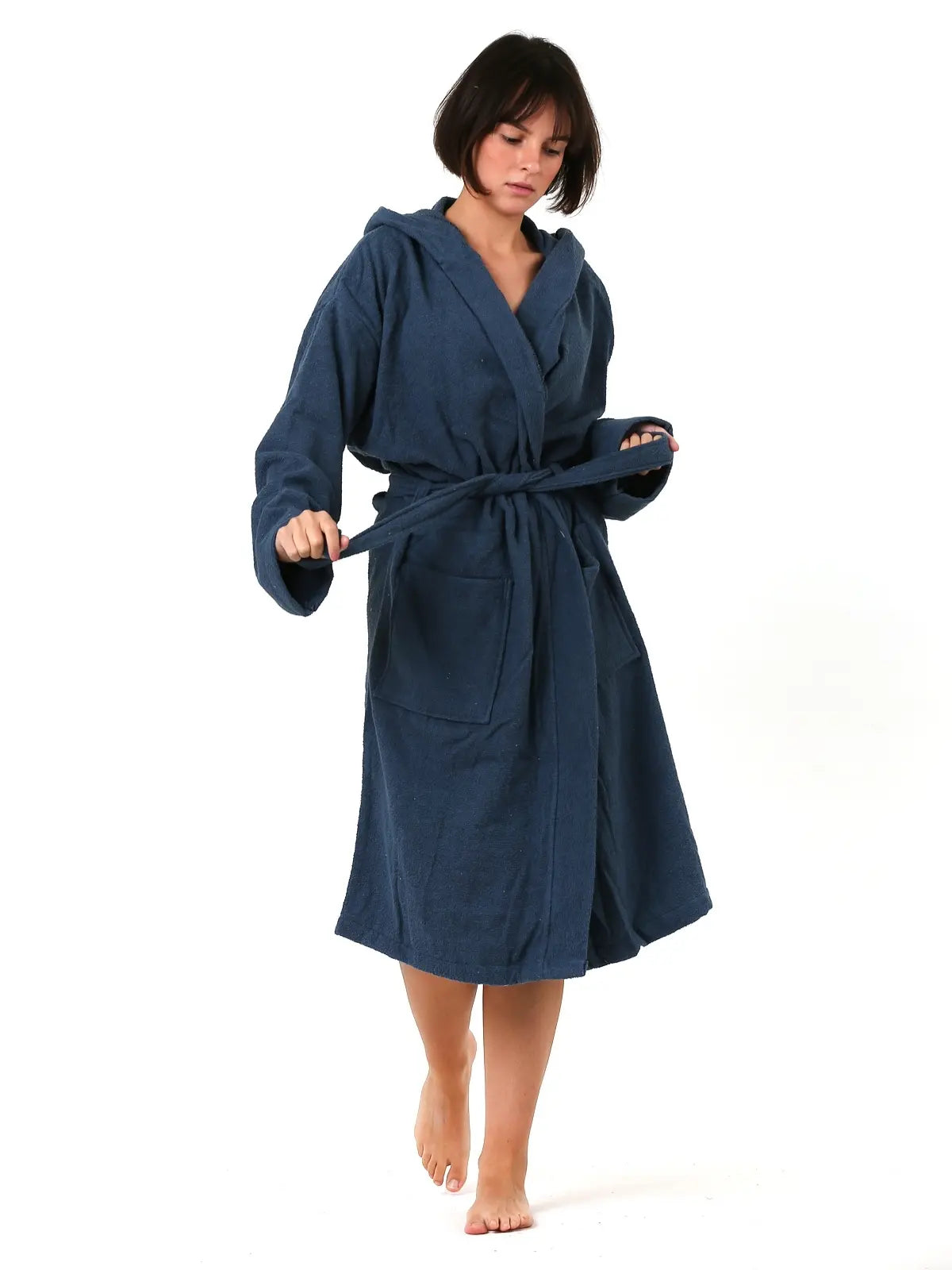 İndigo mavi %100 pamuk bukle havlu bornoz ön görünüm