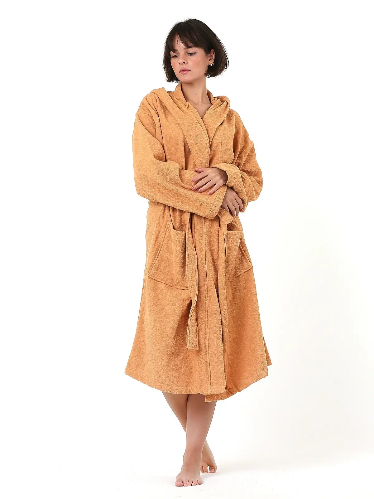 Toprak kahve %100 pamuk bukle havlu bornoz ön görünüm