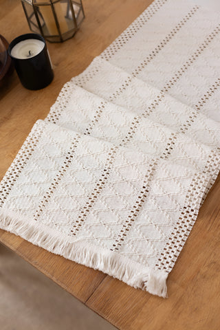 Krem Hasır desen pamuk dantel runner 35x145 cm, katlanmış, dantel dokusu yakın çekim – Denizli, VivaMaison