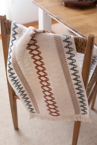 Renkli Hasır desen pamuk dantel runner 35x145 cm, sandalyeye asılı, saçak detayı – Denizli, VivaMaison