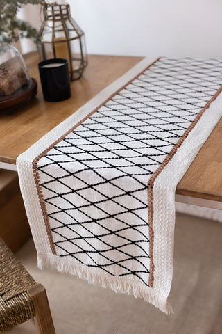 Siyah Kahve Elmas desen pamuk dantel runner 35x145 cm, masa kenarından sarkan, saçaklı uç – Denizli, VivaMaison