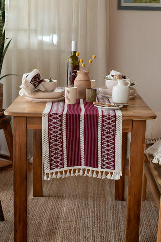 Bordo Zikzak pamuk dantel runner 35x145 cm, masadan önden sarkan uç – Denizli, VivaMaison