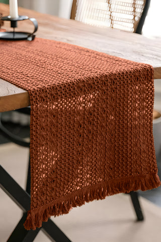 Kiremit File pamuk dantel runner 35x145 cm, masa kenarından sarkan saçaklı uç – Denizli, VivaMaison