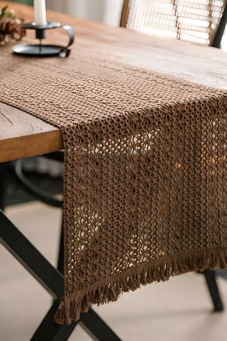 Koyu Kahve File pamuk dantel runner 35x145 cm, masa kenarından sarkan saçaklı uç – Denizli, VivaMaison