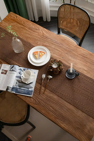 Koyu Kahve File pamuk dantel runner 35x145 cm, masada boydan üst açı – Denizli, VivaMaison