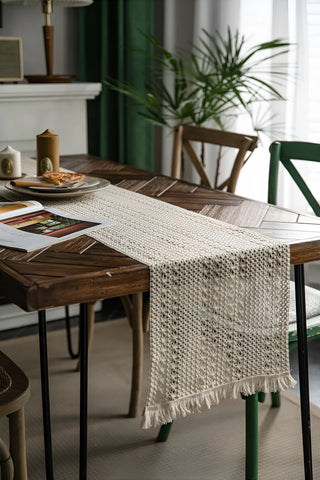 Krem File pamuk dantel runner 37x150 cm, masadan sarkan saçaklı uç – Denizli, VivaMaison