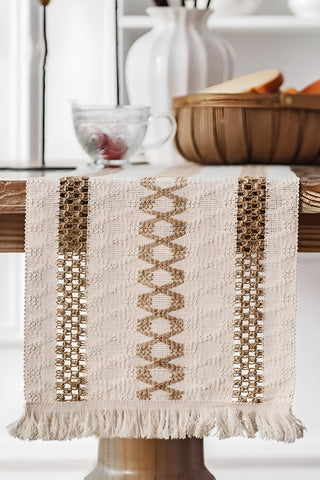 Krem Kahve Halka pamuk dantel runner 35x145 cm, masa ucundan sarkan, önden – Denizli, VivaMaison
