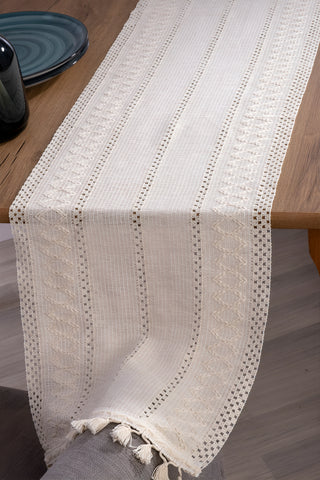 Krem Zikzak pamuk dantel runner 35x145 cm, masadan sarkan püsküllü uç – Denizli, VivaMaison