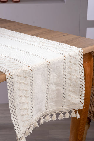 Krem Zikzak pamuk dantel runner 35x145 cm, masa köşesinden sarkan uç – Denizli, VivaMaison