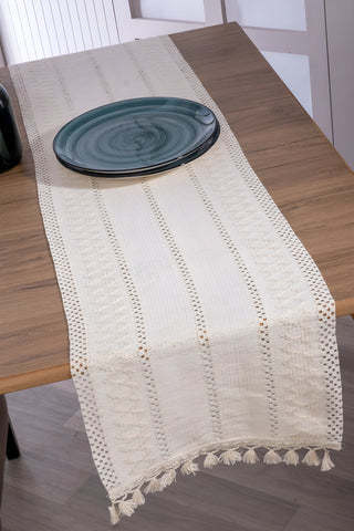 Krem Zikzak pamuk dantel runner 35x145 cm, masada boydan, servis tabağıyla – Denizli, VivaMaison