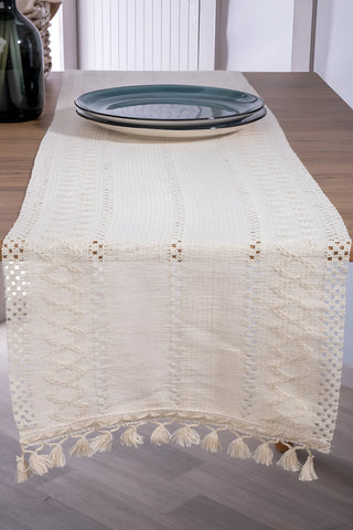 Krem Zikzak pamuk dantel runner 35x145 cm, masa ucundan sarkan, tabaklarla – Denizli, VivaMaison