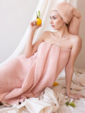 Pembe waffle petek dokuma banyo havlusu seti tam görünüm