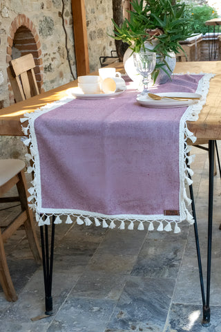 Mürdüm püsküllü pamuk runner, detay – el dokuması, Denizli, VivaMaison
