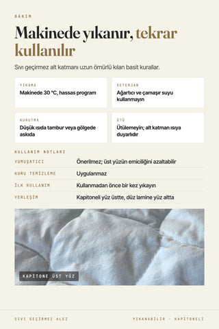 Alez bakım kartı: 30 °C hassas yıkama, ağartıcı yok, düşük ısıda kurutma, ütü yok – VivaMaison
