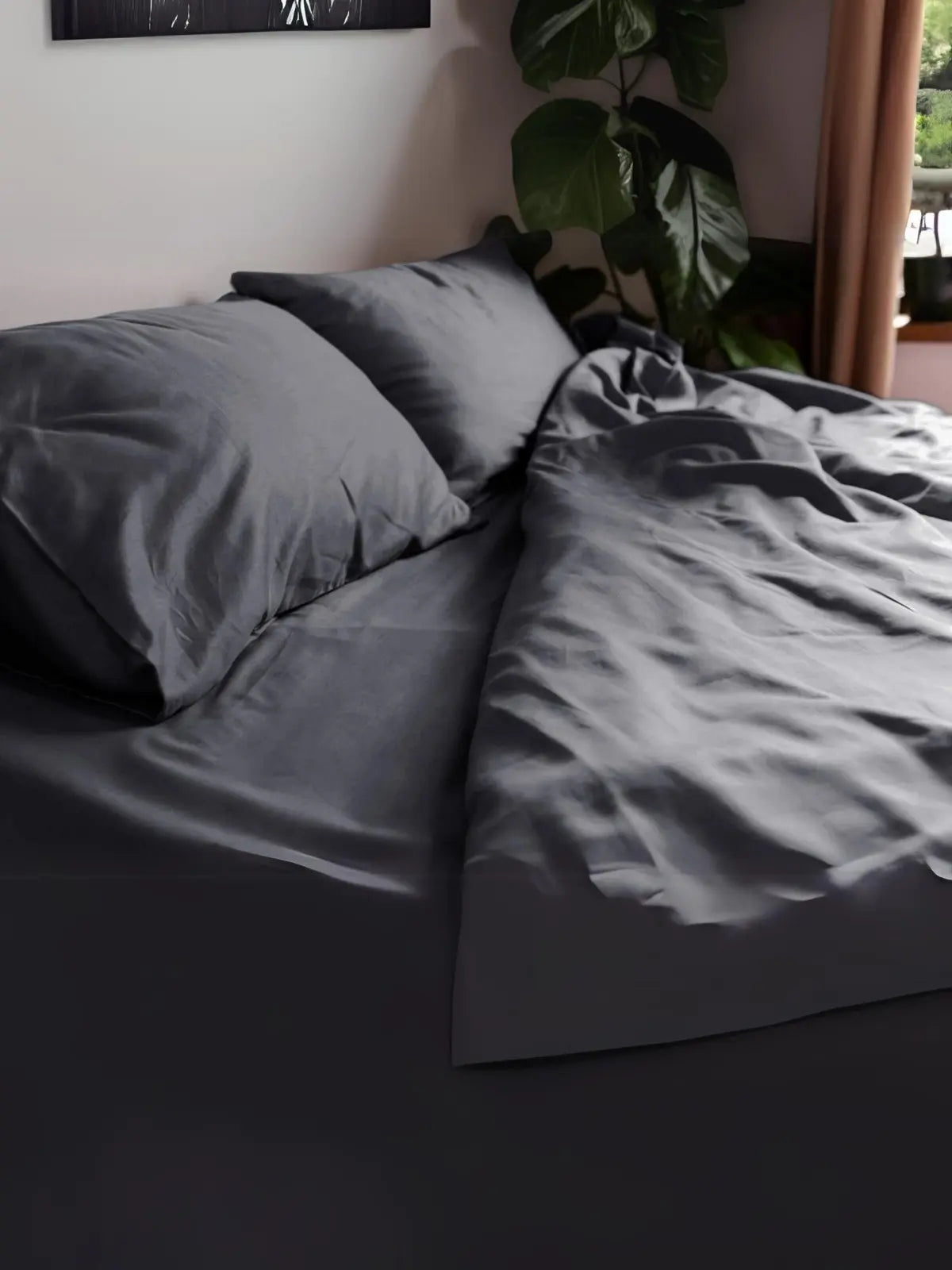 Antrasit yıkanmış keten nevresim kumaş dokusu detay çekim