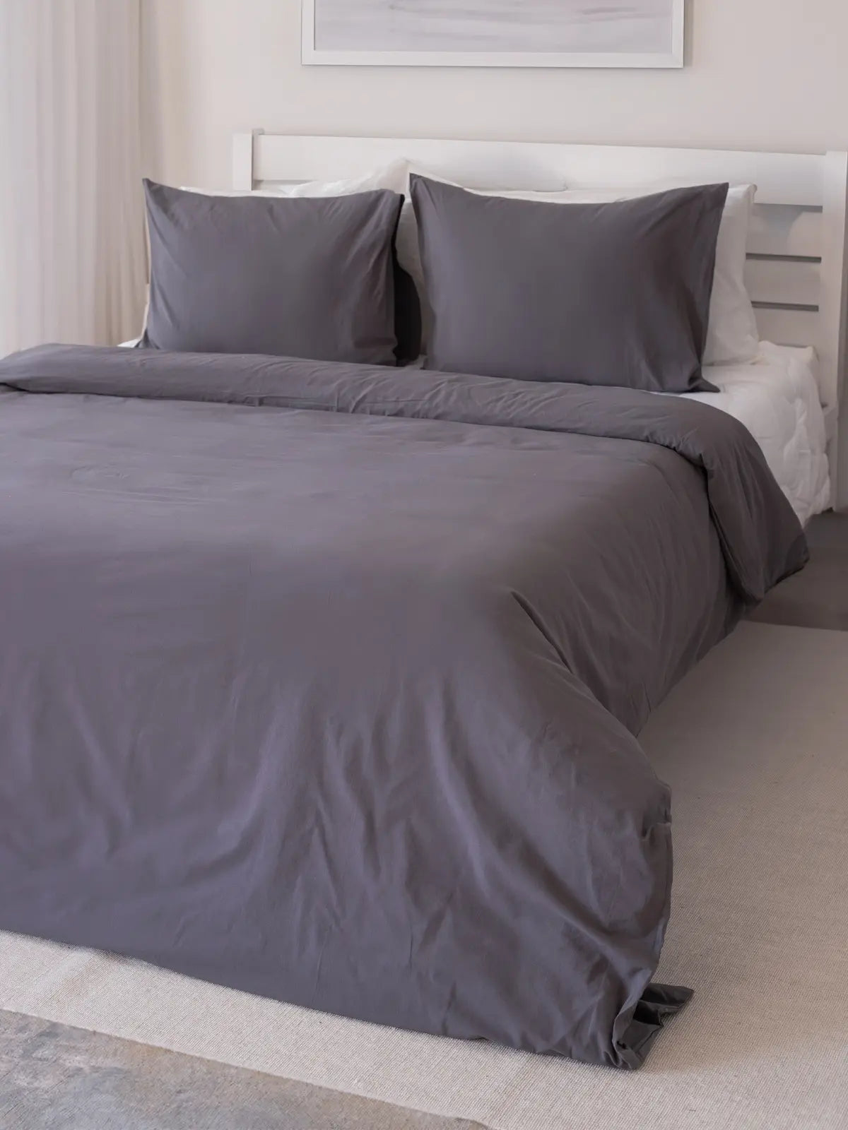 Antrasit keten pamuk nevresim seti yatak odası dekorasyon