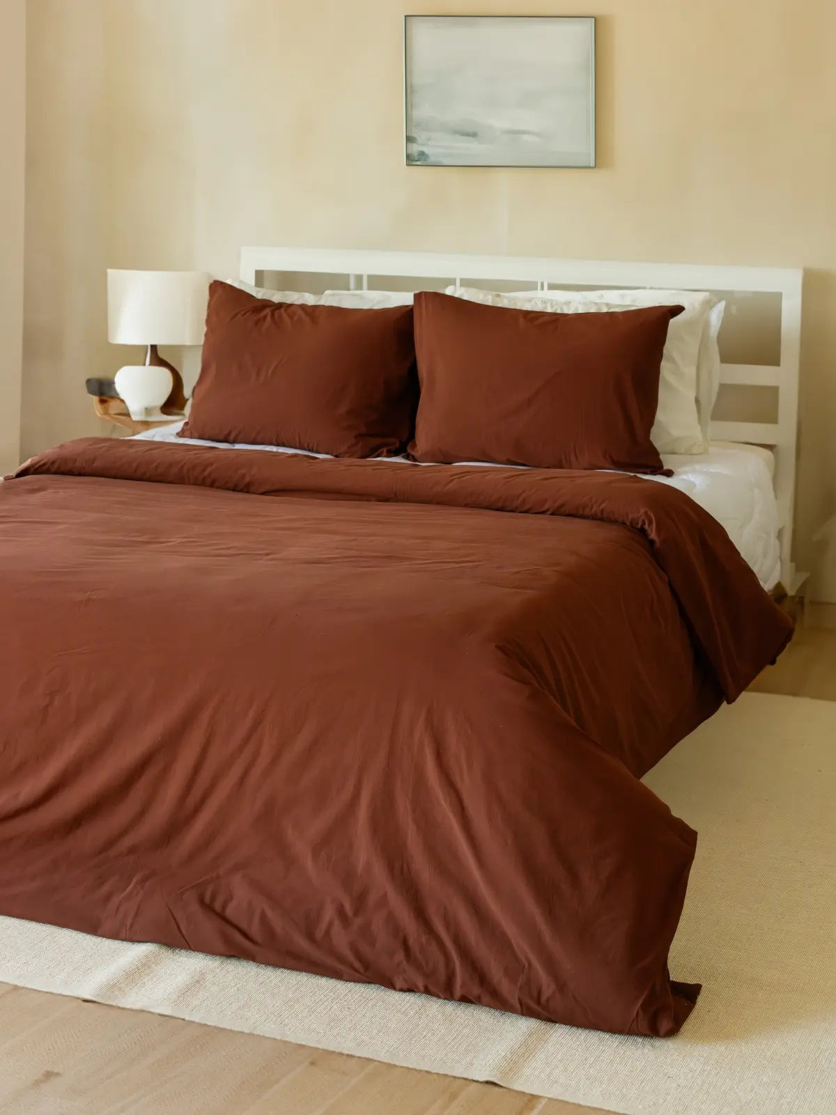 Kahverengi keten pamuk nevresim seti yatak odası dekorasyon