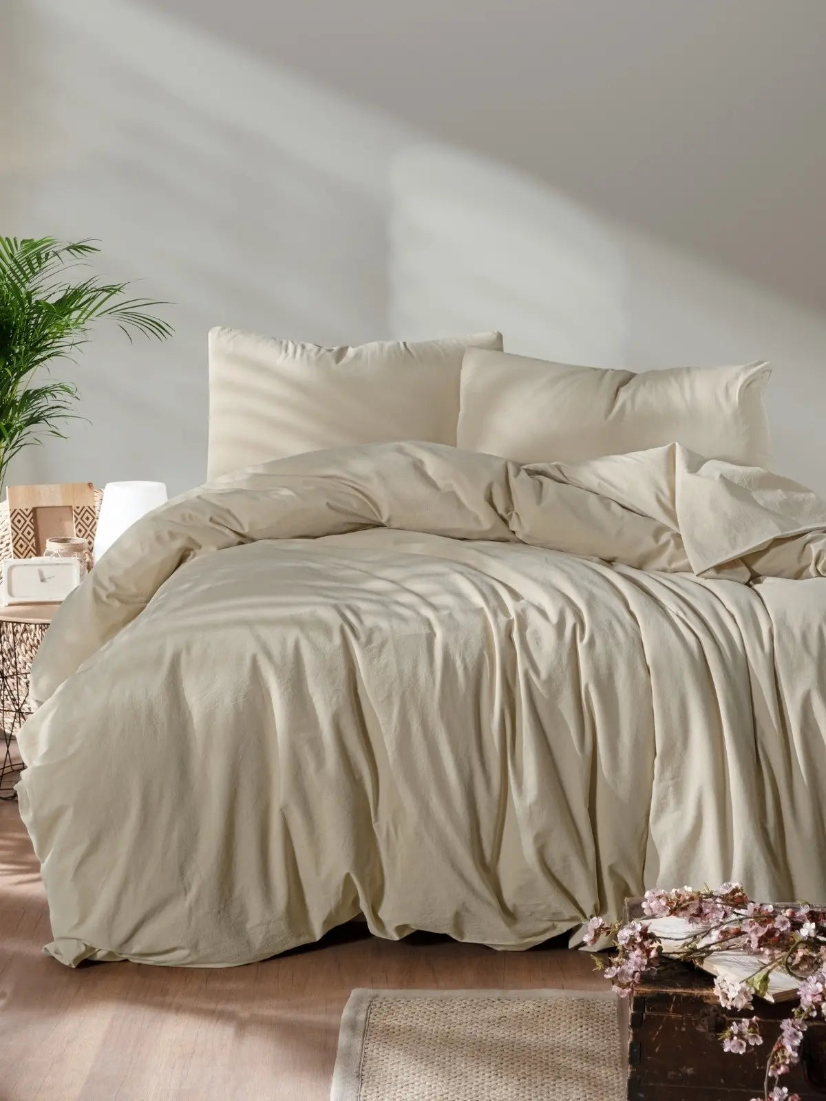 Taş rengi keten pamuk nevresim seti yatak odası dekorasyon