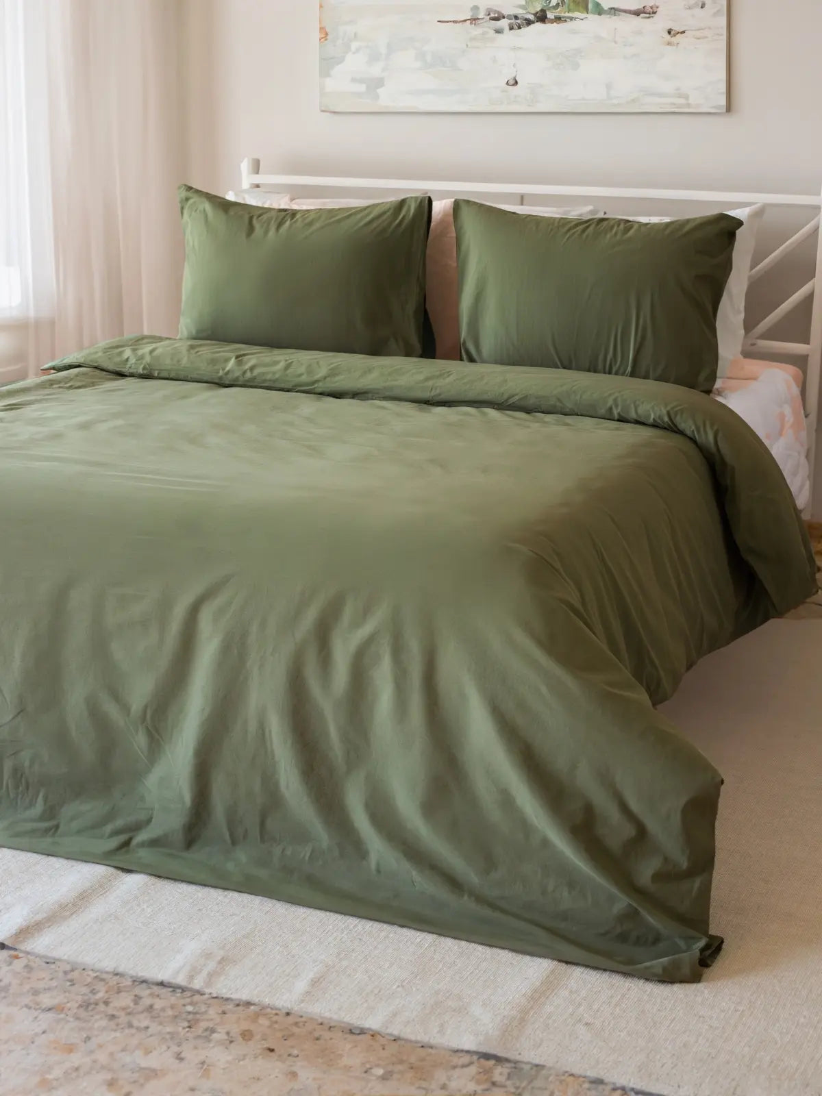 Yeşil keten pamuk nevresim seti yatak odası dekorasyon