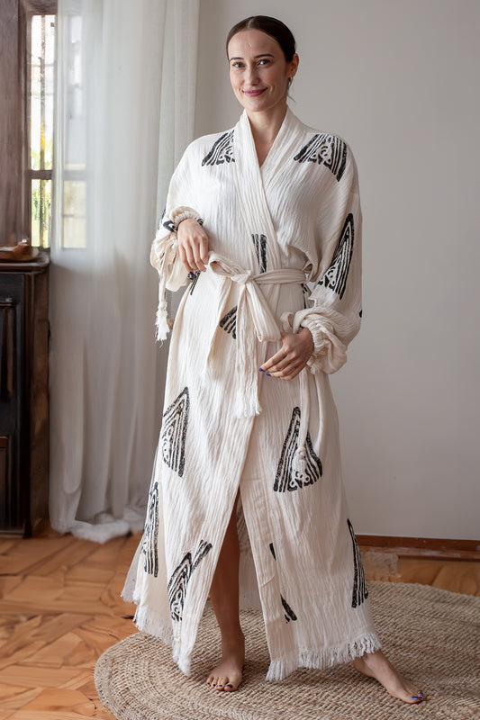 Natural Kimono Bornoz %100 Pamuk Müslin El Yapımı Taş Baskı Kaftan