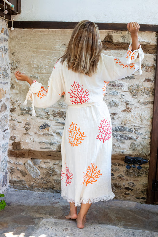 Natural Kimono Bornoz %100 Pamuk Müslin El Yapımı Taş Baskı Kaftan