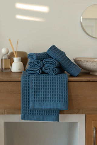 İndigo Mavi waffle kurulama bezi, petek doku detayı – %100 pamuk, OEKO-TEX, VivaMaison