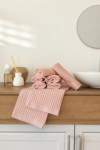 Pembe waffle kurulama bezi, petek doku detayı – %100 pamuk, OEKO-TEX, VivaMaison