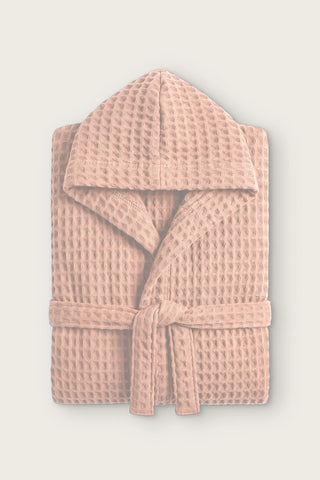 Waffle pike kapüşonlu çocuk bornozu, Pembe, katlı ön görünüm