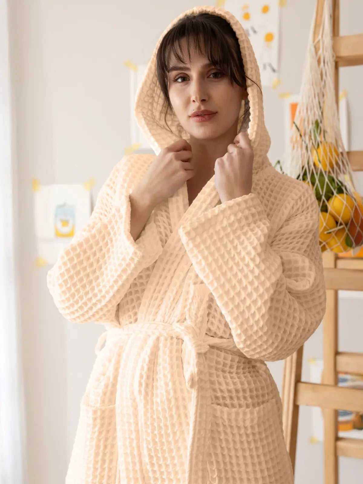 Natural waffle pike bornoz petek dokusu ve kapüşon detayı