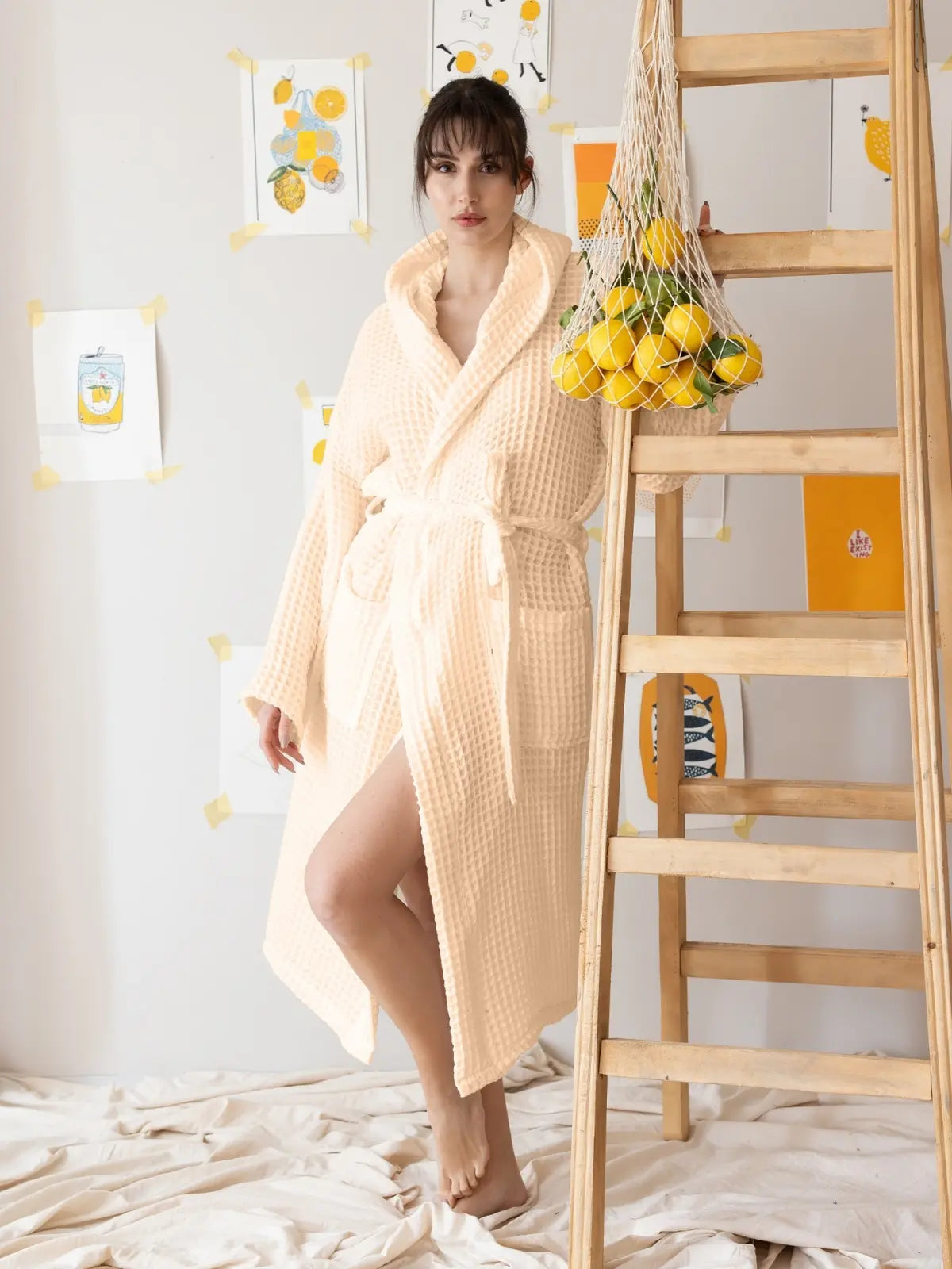 Natural %100 pamuk waffle pike kapüşonlu bornoz ön görünüm