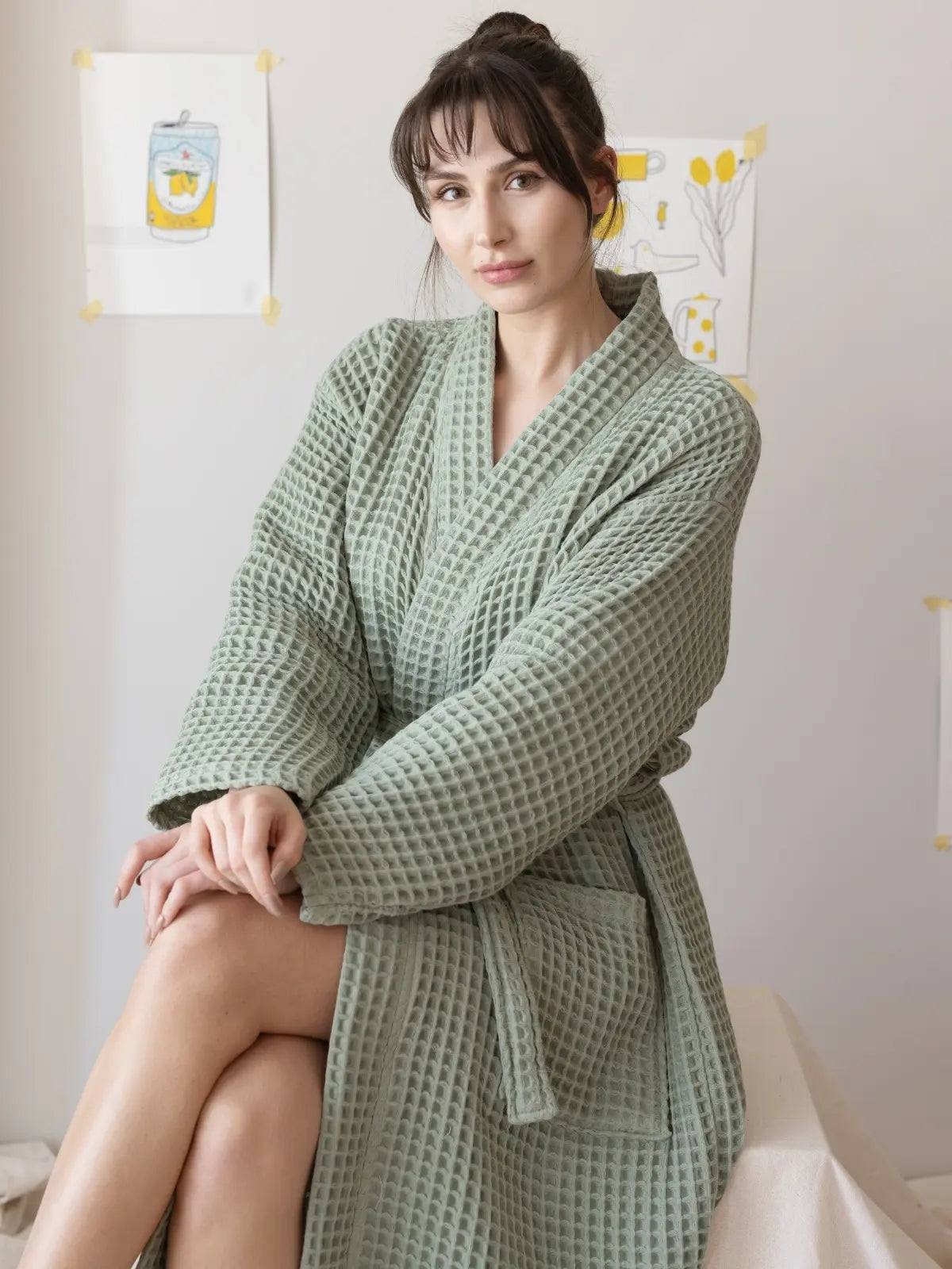 Adaçayı waffle pike bornoz kimono yaka kesimi detayı