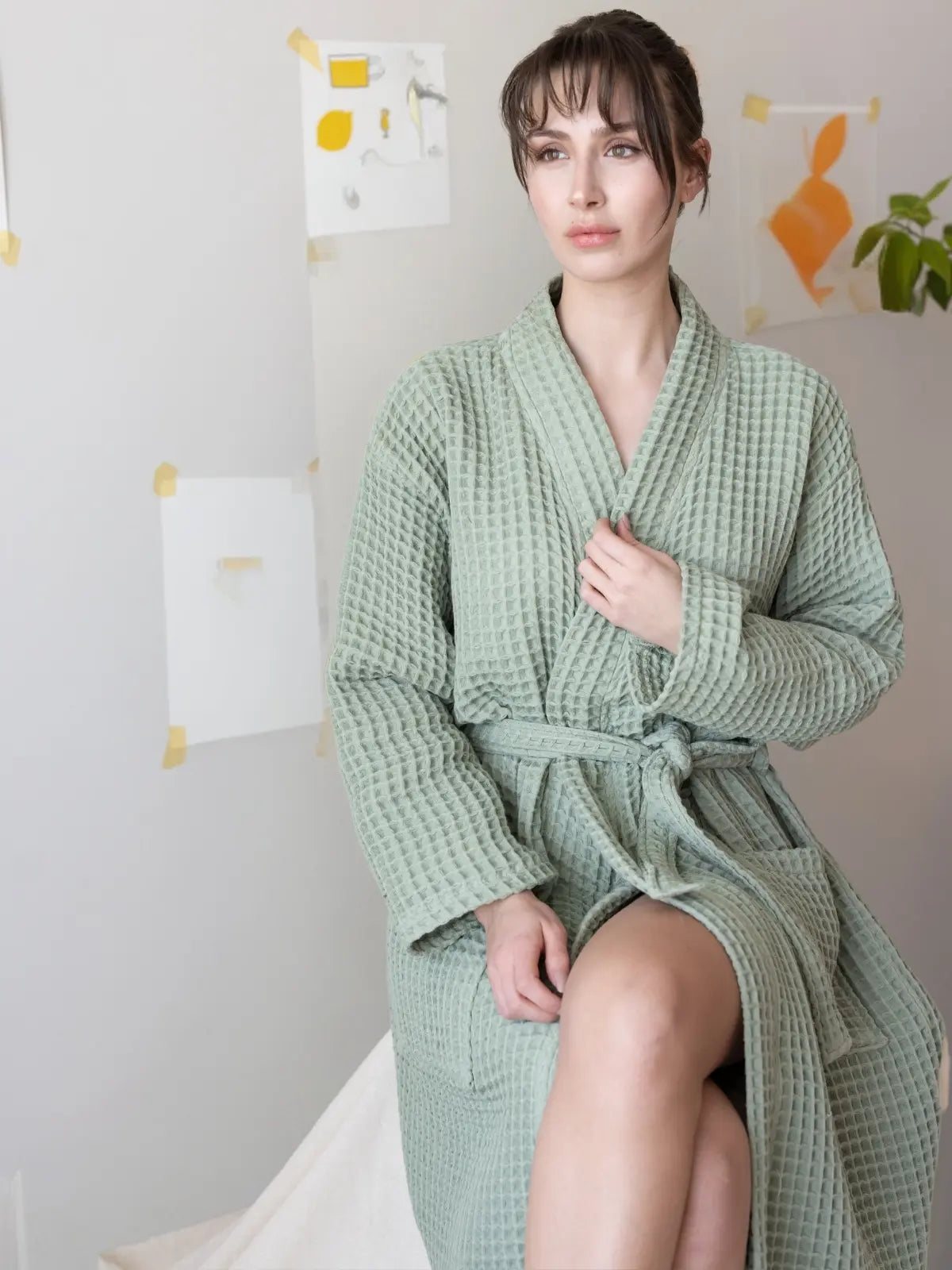 Adaçayı waffle pike kimono bornoz kuşak bağlama detayı