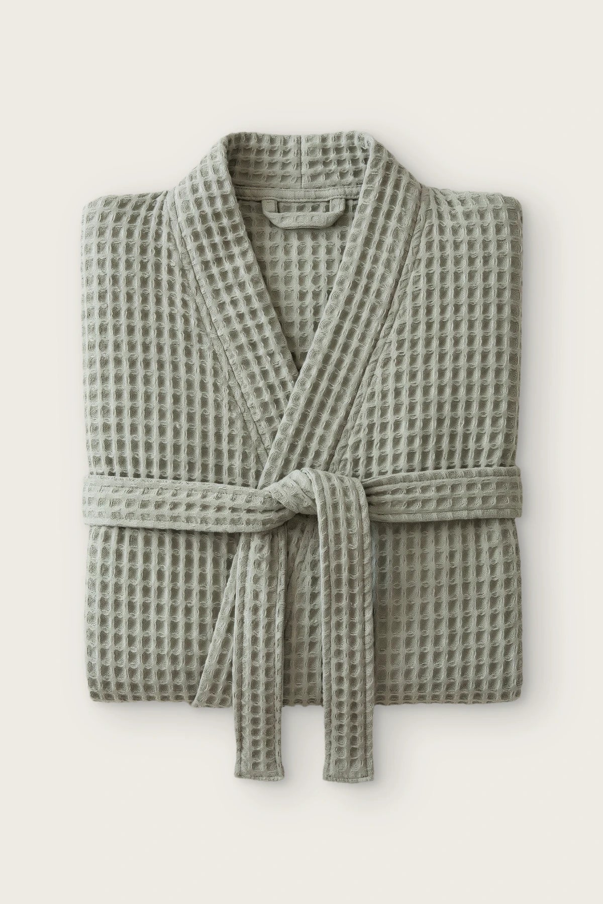 Waffle pike kimono bornoz, Adaçayı Yeşili, katlanmış ön görünüm ve bağlı kuşak