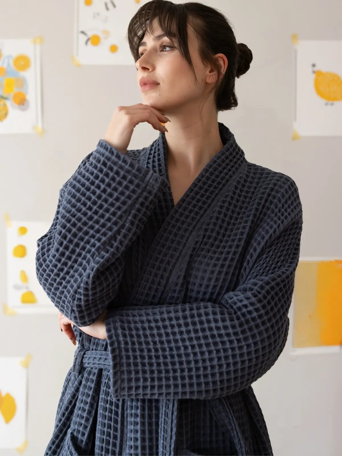 Antrasit waffle pike bornoz kimono yaka kesimi detayı