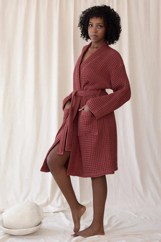 Bordo waffle pike kimono bornoz, arka görünüm – %100 Türk pamuğu, petek dokuma, OEKO-TEX, VivaMaison
