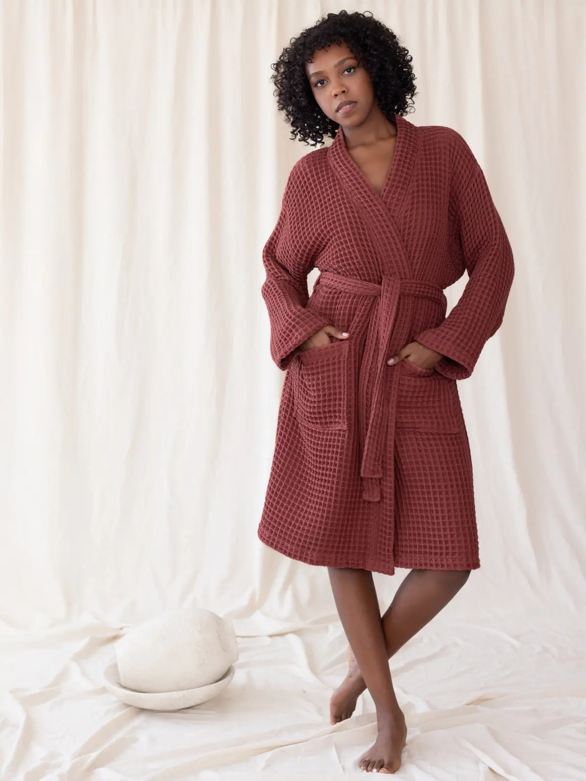 Bordo %100 pamuk waffle pike kimono bornoz ön görünüm