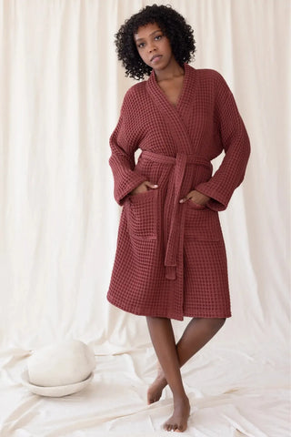 Bordo waffle pike kimono bornoz, ön tam boy – %100 Türk pamuğu, petek dokuma, OEKO-TEX, VivaMaison