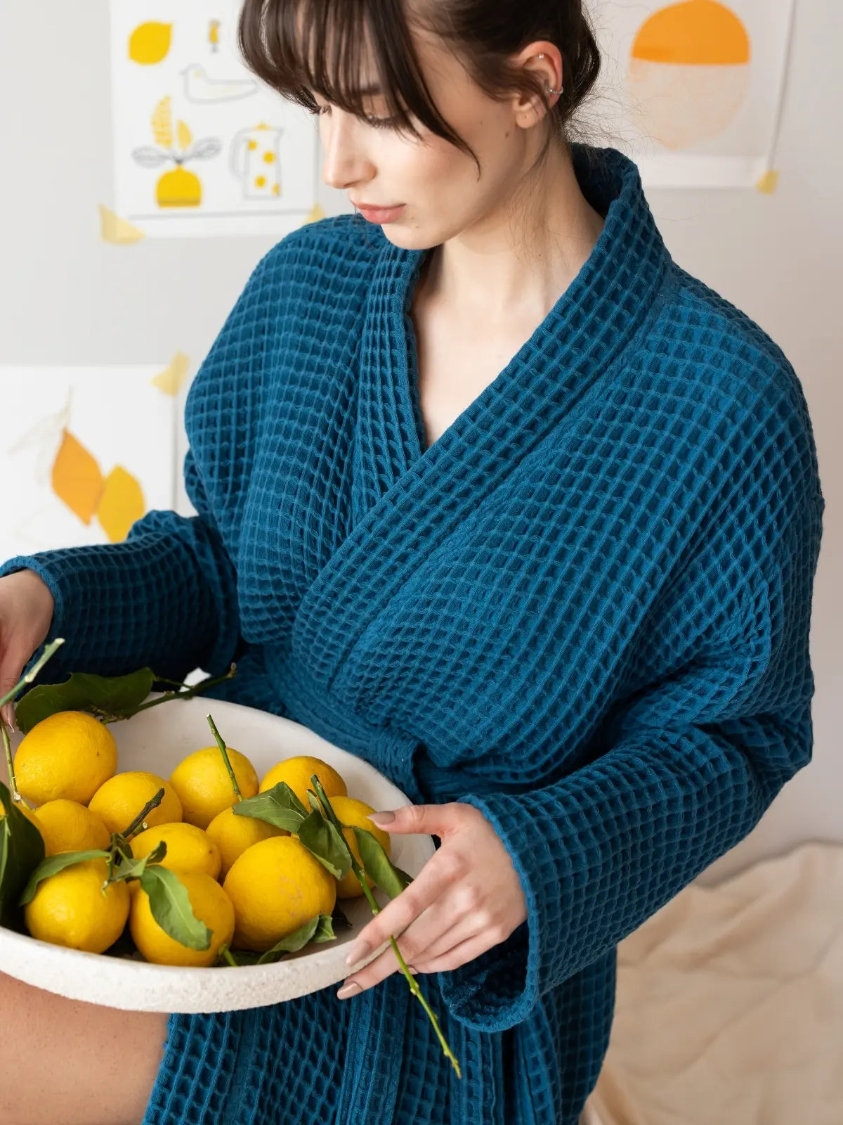 İndigo mavi waffle pike kimono bornoz arka görünüm sırt detayı