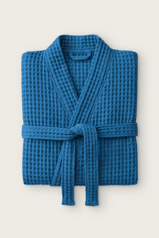 Waffle pike kimono bornoz, İndigo Mavi, katlanmış ön görünüm ve bağlı kuşak