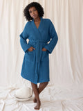 İndigo mavi %100 pamuk waffle pike kimono bornoz ön görünüm