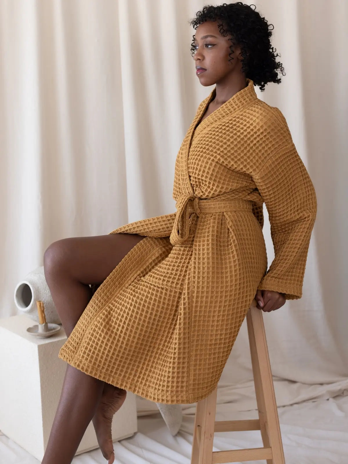 Karamel waffle pike kimono bornoz arka görünüm sırt detayı