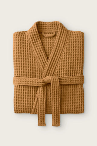 Waffle pike kimono bornoz, Karamel, katlanmış ön görünüm ve bağlı kuşak
