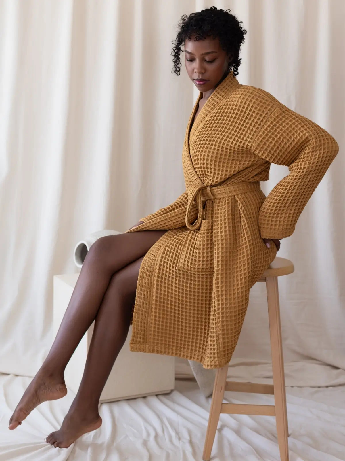 Karamel waffle pike kimono bornoz kuşak bağlama detayı