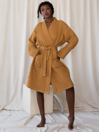 Karamel %100 pamuk waffle pike kimono bornoz ön görünüm