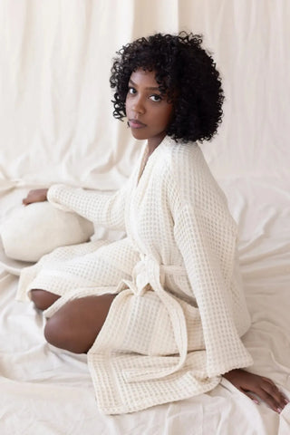 Natural waffle pike kimono bornoz, arka görünüm – %100 Türk pamuğu, petek dokuma, OEKO-TEX, VivaMaison