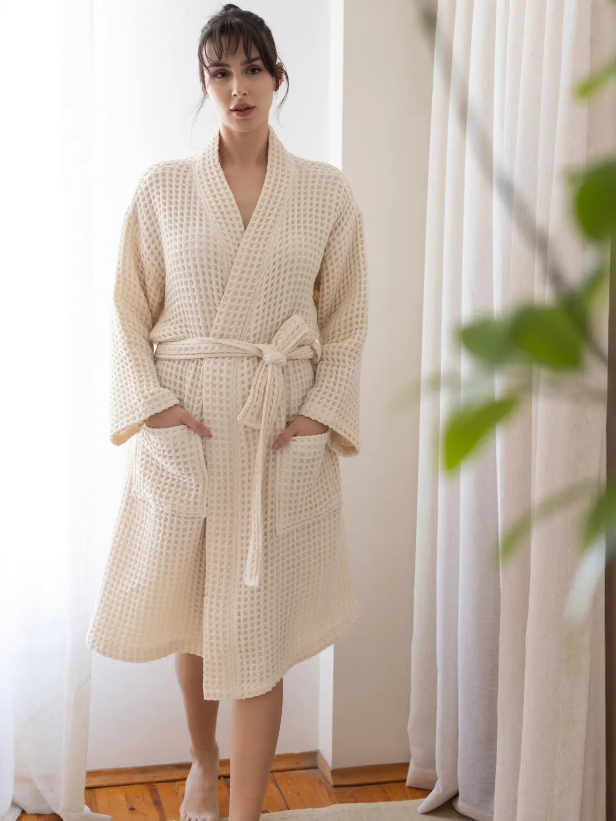 Natural waffle pike kimono bornoz kuşak bağlama detayı